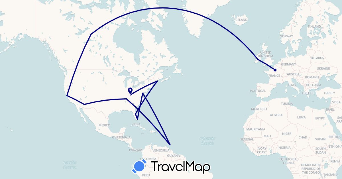 TravelMap itinerary: driving in Canada, France, Ireland, Trinidad and Tobago, United States (Europe, North America)