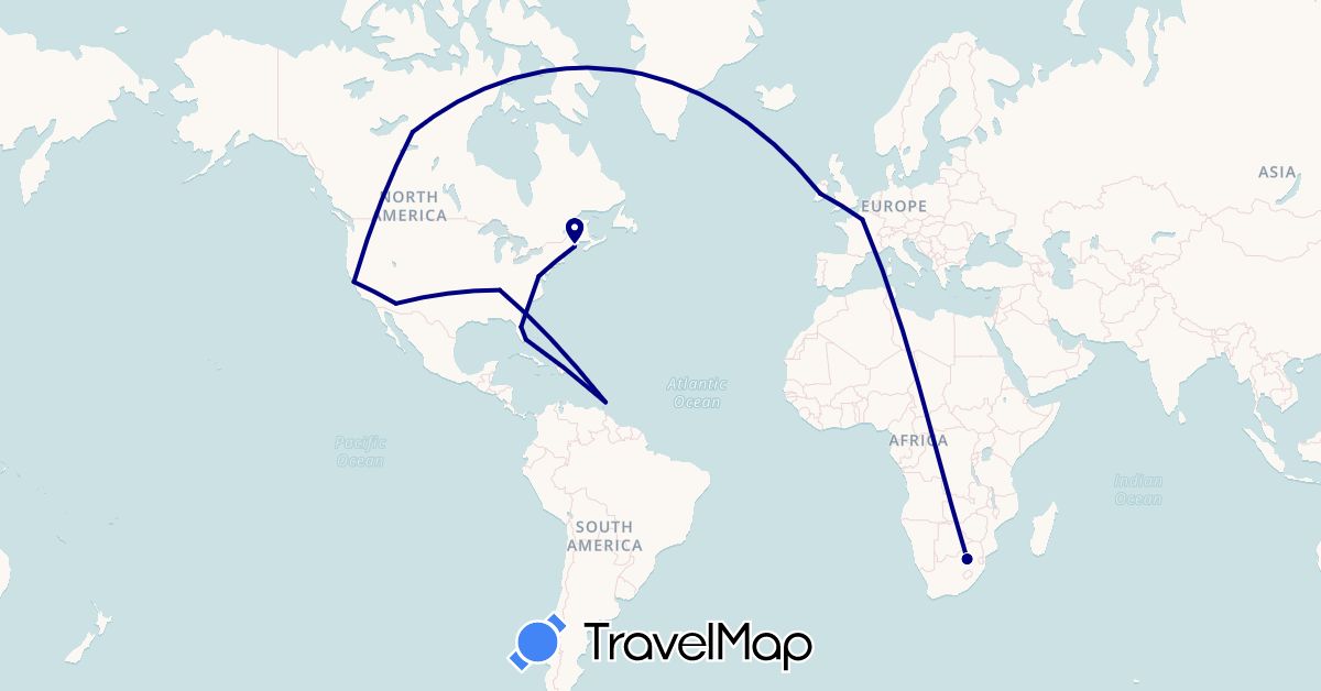 TravelMap itinerary: driving in Canada, France, Ireland, Trinidad and Tobago, United States, South Africa (Africa, Europe, North America)